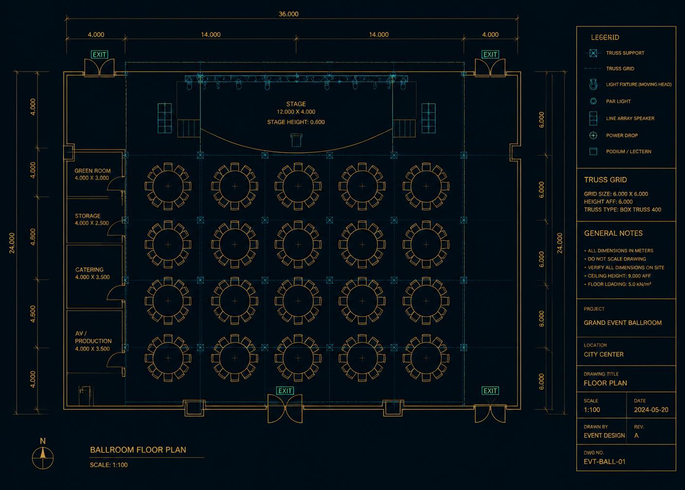 Surveyed venue floor plan with operational layers overlaid